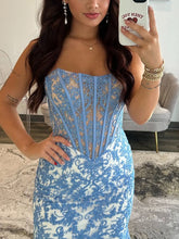 Blue Strapless Pearl Beaded Corset Ruched Long Prom Dress