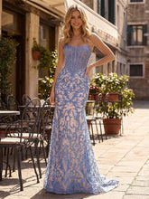 Blue Strapless Pearl Beaded Ruched Corset Long Prom Dress