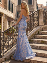 Blue Strapless Pearl Beaded Ruched Corset Long Prom Dress