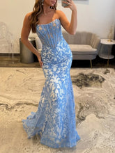 Blue Floral Strapless Pearl Beaded Ruched Long Corset Prom Dress