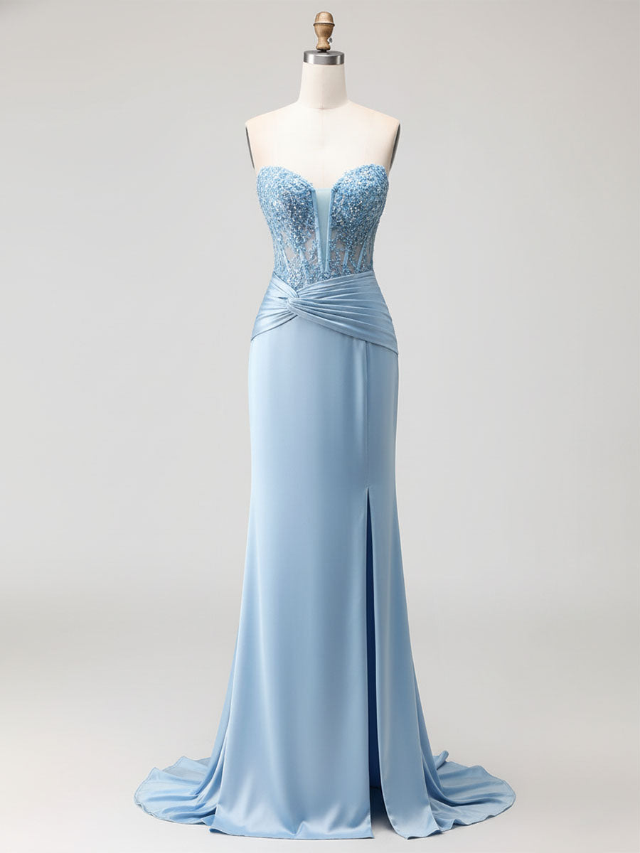 Blue Strapless Plunging V-Neck Beaded Corset Prom Dress with Slit