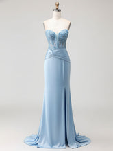 Blue Strapless Plunging V-Neck Beaded Corset Prom Dress with Slit