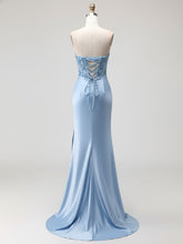 Blue Strapless Plunging V-Neck Beaded Corset Prom Dress with Slit