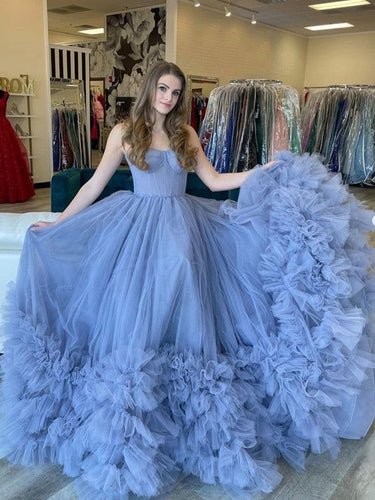 Blue Strapless Tulle Long Formal Dresses SYP168