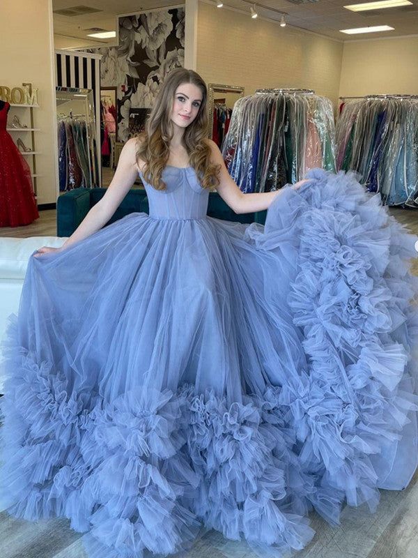 Blue Strapless Tulle Long Formal Dresses SYP168