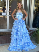 Blue Watercolor Tiered Ruffled Corset Prom Dress with Slit