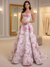 Blue Floral Brocade Contrast Corset Textured Neckline Prom Dress