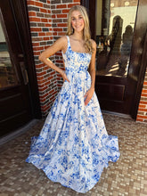 Blue Floral Print Satin Square Neckline A-Line Long Prom Dress