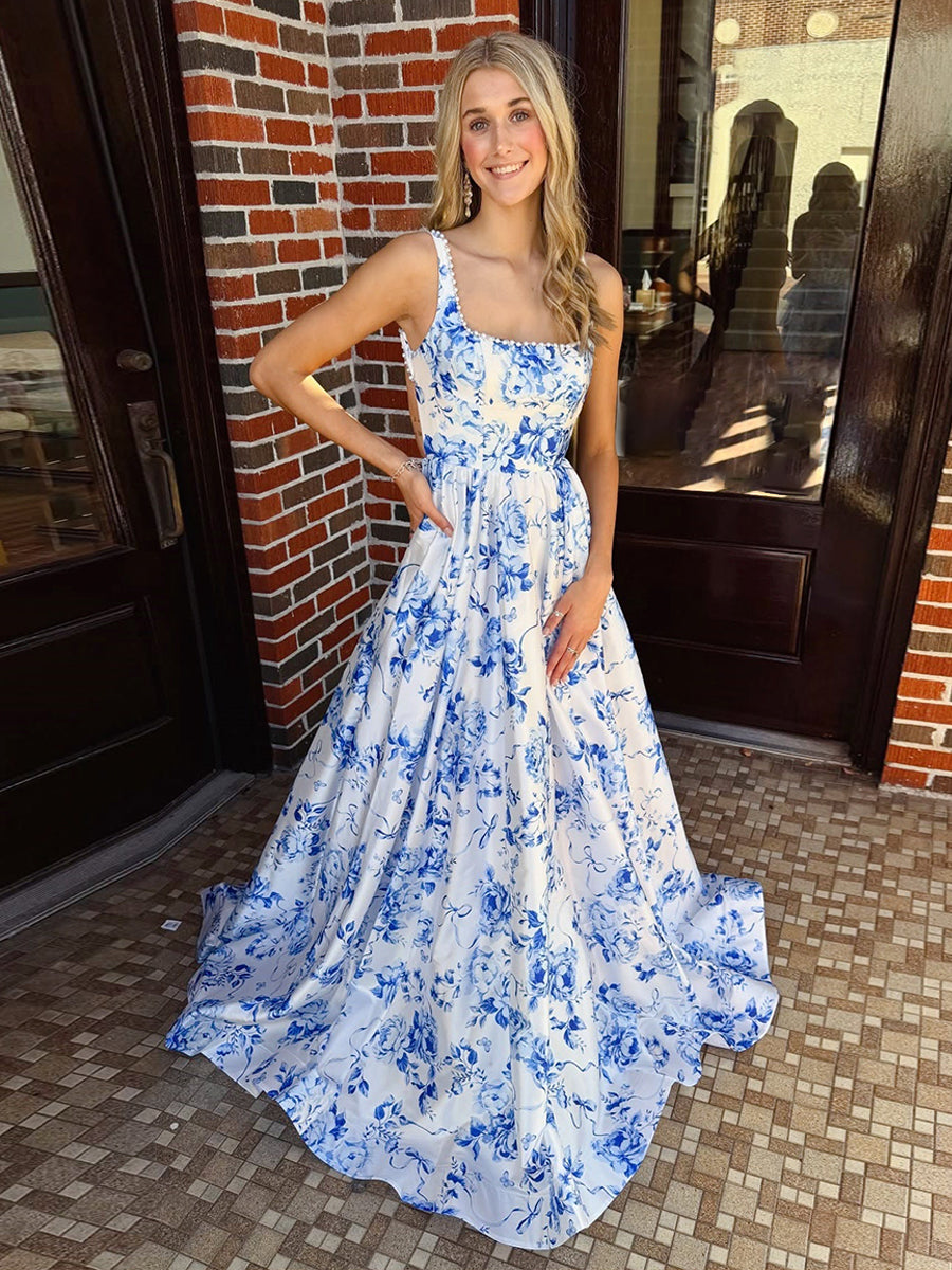Blue Floral Print Satin Square Neckline A-Line Long Prom Dress