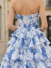 Blue Floral Strapless Chiffon Ruffle Corset Prom Dress with Slit