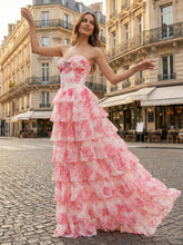 Blue Floral Strapless Tiered Ruffle Corset Prom Dress with Slit