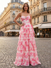 Blue Floral Strapless Tiered Ruffle Corset Prom Dress with Slit