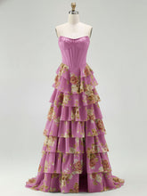 Blue Strapless Floral Print Tiered Ruffle Corset Prom Dress