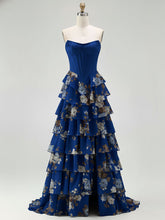 Blue Strapless Floral Print Tiered Ruffle Corset Prom Dress