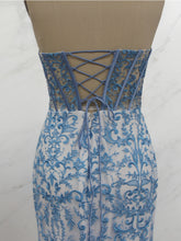 Blue Strapless Pearl Beaded Ruched Long Corset Prom Dress