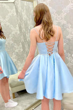 Blue Satin Beads Short Prom Dress Blue Homecoming Dress PD450