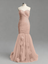 Dusty Rose Mermaid Strapless Ruched Tulle Prom Dress with 3D Floral