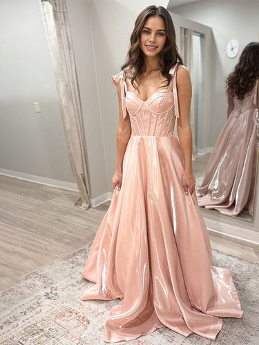Blush Pink A Line Satin Corset Prom Dress with Bow Straps