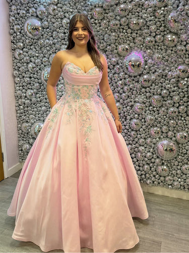 Blush Pink Floral Strapless Embroidered Satin Prom Dress with Pockets