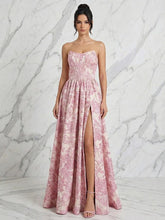 Blush Pink Jacquard Strapless Corset Bodice Long Prom Dress with High Slit