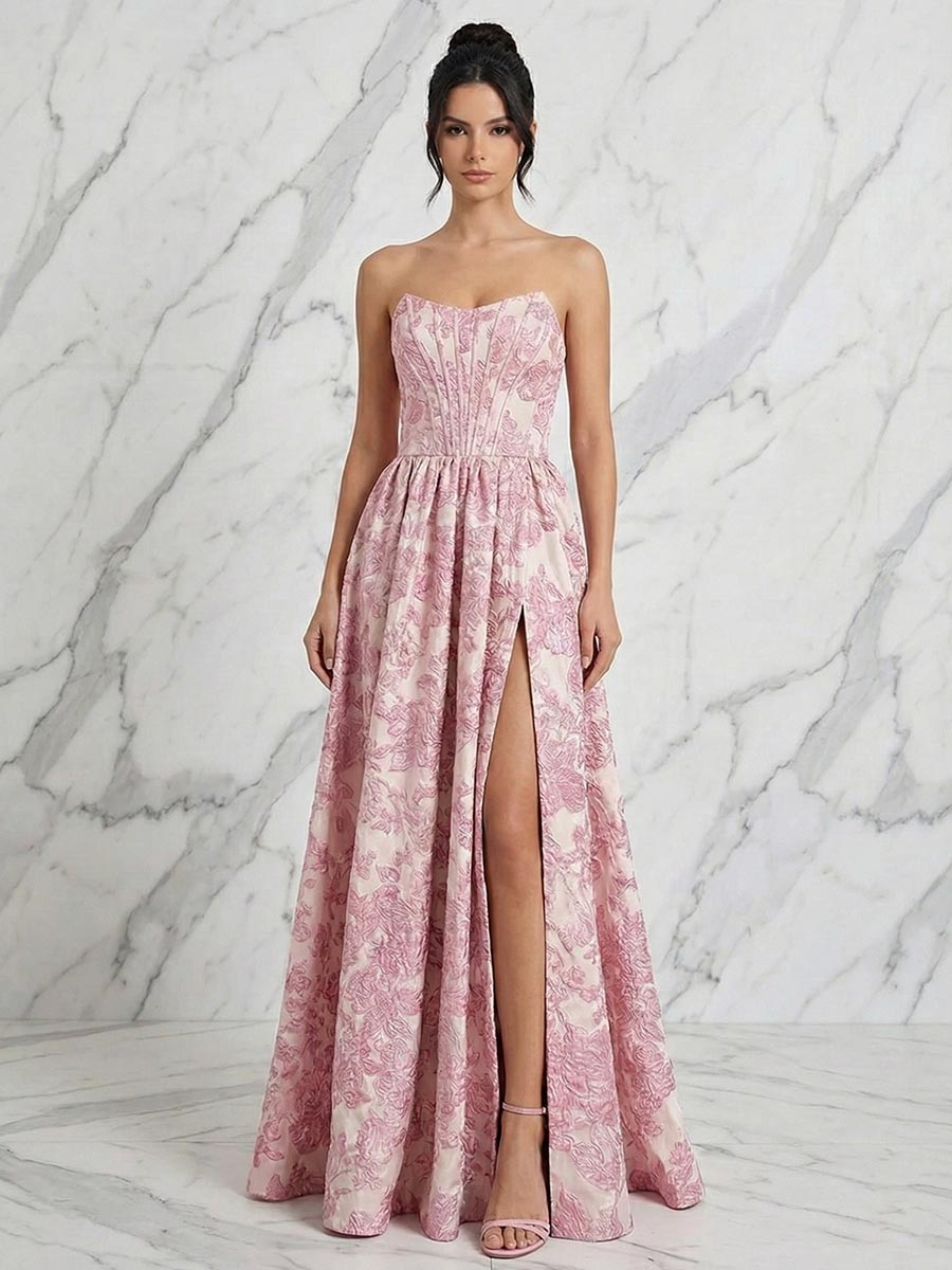 Blush Pink Jacquard Strapless Corset Bodice Long Prom Dress with High Slit