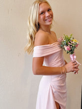 Blush Pink Off-the-Shoulder Crepe Prom Dress with Ruffled High Slit