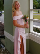 Blush Pink Off-the-Shoulder Crepe Prom Dress with Ruffled High Slit