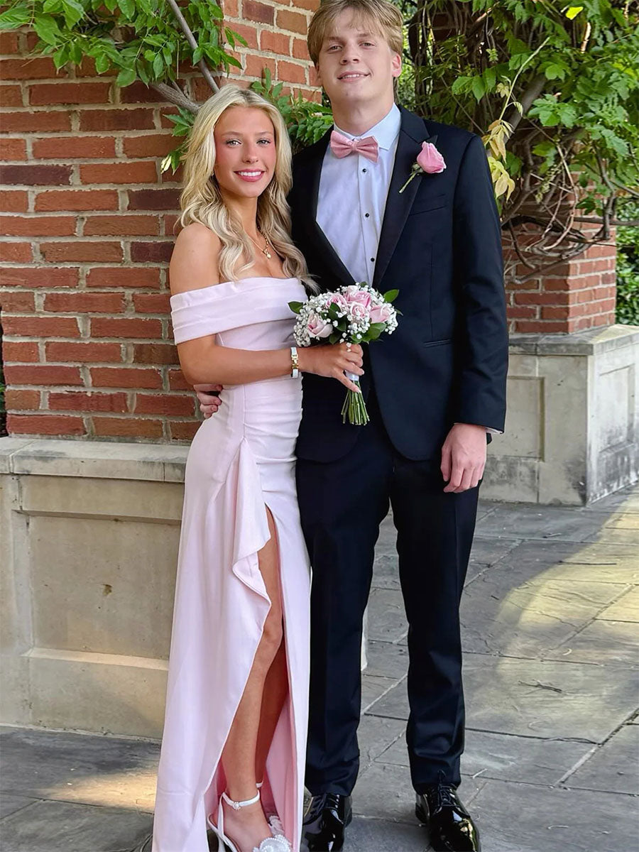 Blush Pink Off-the-Shoulder Crepe Prom Dress with Ruffled High Slit