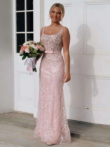 Blush Pink Square Neck Sequin Prom Dress with Satin Bow Belt