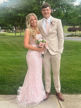 Blush Pink Square Neck Sequin Prom Dress with Satin Bow Belt