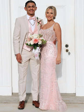 Blush Pink Square Neck Sequin Prom Dress with Satin Bow Belt