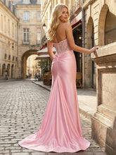 Blush Pink Strapless Lace Appliqué Corset Satin Prom Dress