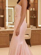 Blush Pink Strapless Pearl Beading Mermaid Prom Dress with Bow Belt
