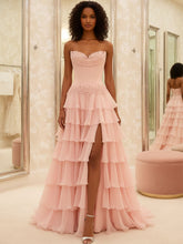 Blush Pink Strapless Tiered Ruffle Long Prom Dress