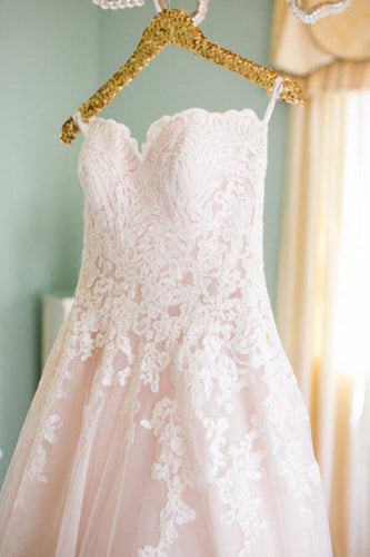Blush Pink Tulle Lace Sweetheart Wedding Dresses, A-line Bridal Gowns, MW607