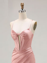Pink Mermaid Cut-Out Satin Long Prom Dress with Slit