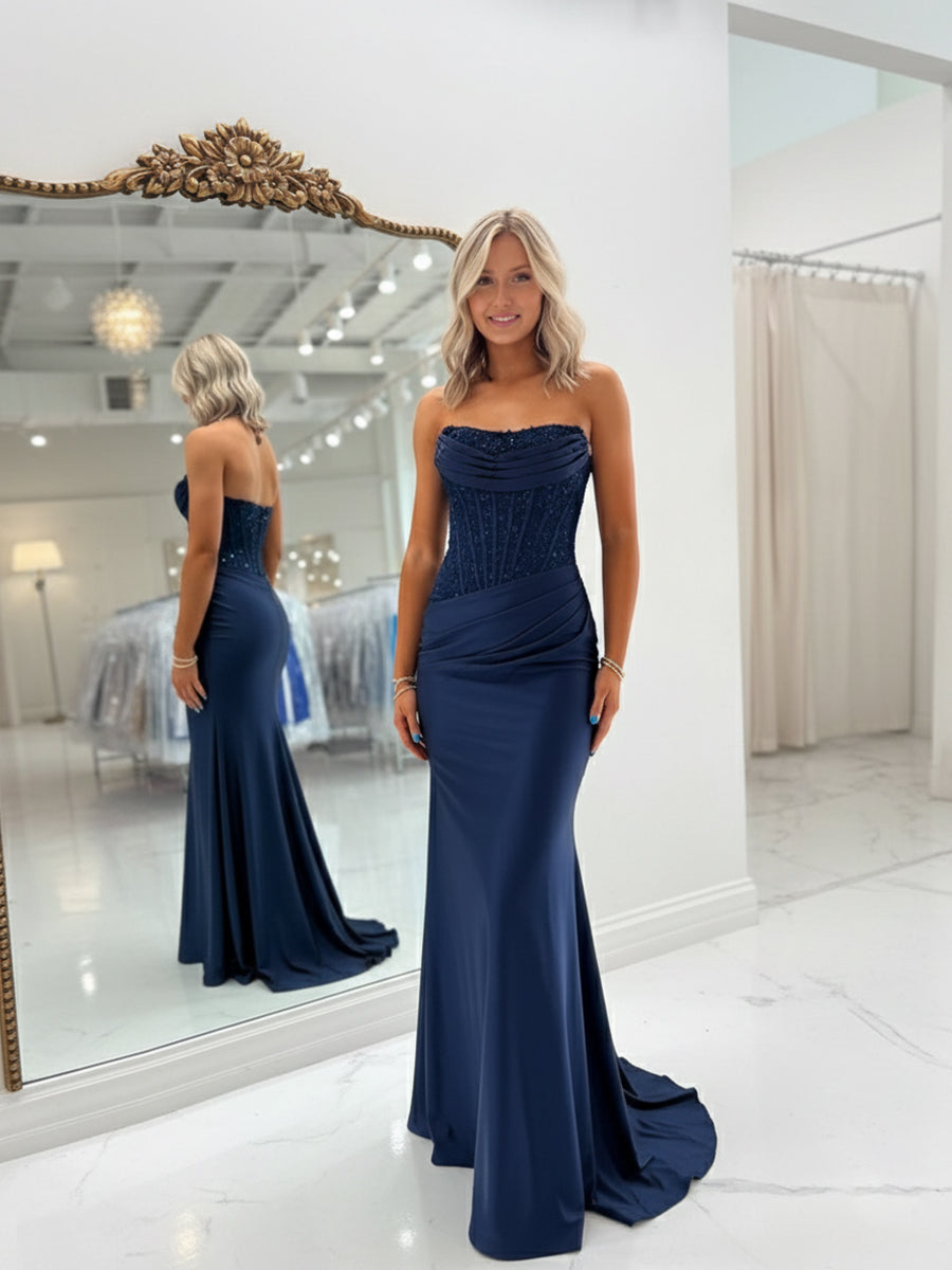 Bodycon Scoop Neck Satin Long Prom Dress with Appliqeus – Anna PromDress
