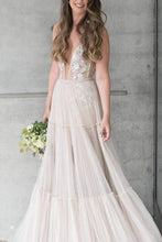 Bohemain A-line V-neck Tulle Appliqued Wedding Dress Bridal Gown