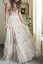 Bohemain Tulle Wedding Dress, A-line V-neck Appliqued Bridal Gown, MW635