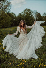 Bohemian Lace A-line V-neck Long Sleeves Wedding Dresses, Bridal Dress, MW608