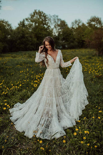 Bohemian Lace A-line V-neck Long Sleeves Wedding Dresses, Bridal Dress, MW608
