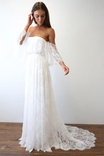 Boho Lace A-line Half Sleeves Off-the-Shoulder Beach Wedding Dresses, MW630