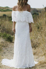 Boho Lace A-line Half Sleeves Off-the-Shoulder Beach Wedding Dresses, MW630