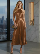 Luxurious Champagne-Gold Pleated Halter Midi Prom Dress
