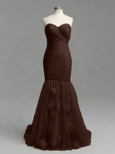 Dusty Rose Mermaid Strapless Ruched Tulle Prom Dress with 3D Floral