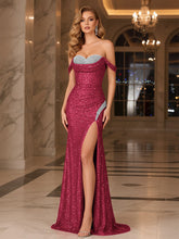 Dark Red Crystal Off-the-Shoulder Corset Prom Dress with Slit