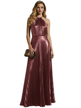 Luxurious Champagne-Gold Pleated Halter Long Prom Dress