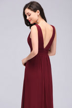 Burgundy Chiffon Sheath V Neck Long Evening Dresses