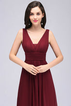 Burgundy Chiffon Sheath V Neck Long Evening Dresses