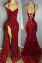 Fabulous V-Neck Spaghetti Straps Split Front Sleeveless Sequined Mermaid Prom Dresses